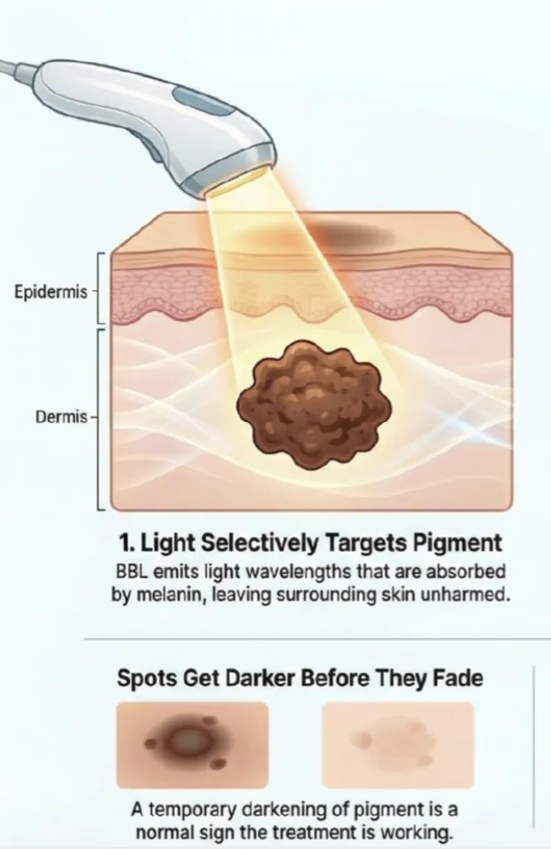 Step 1: BBL light selectively targets pigment; spots get darker before they fade