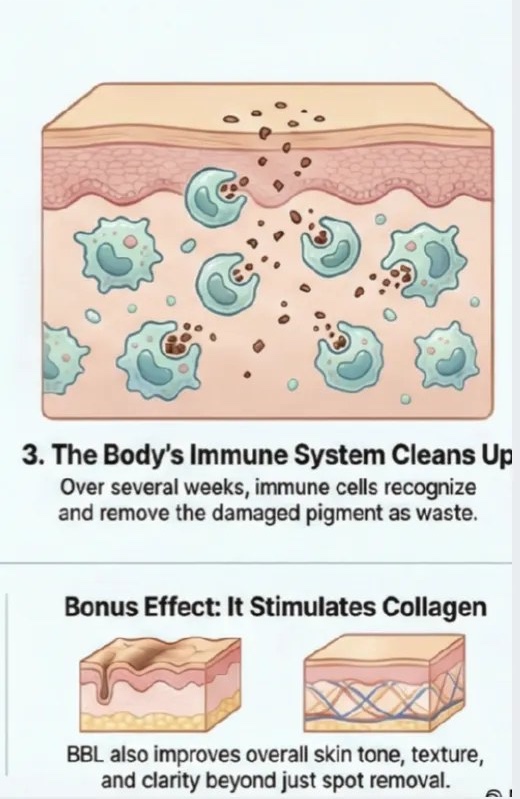 Step 3: the body’s immune system clears the pigment; bonus effect, BBL stimulates collagen